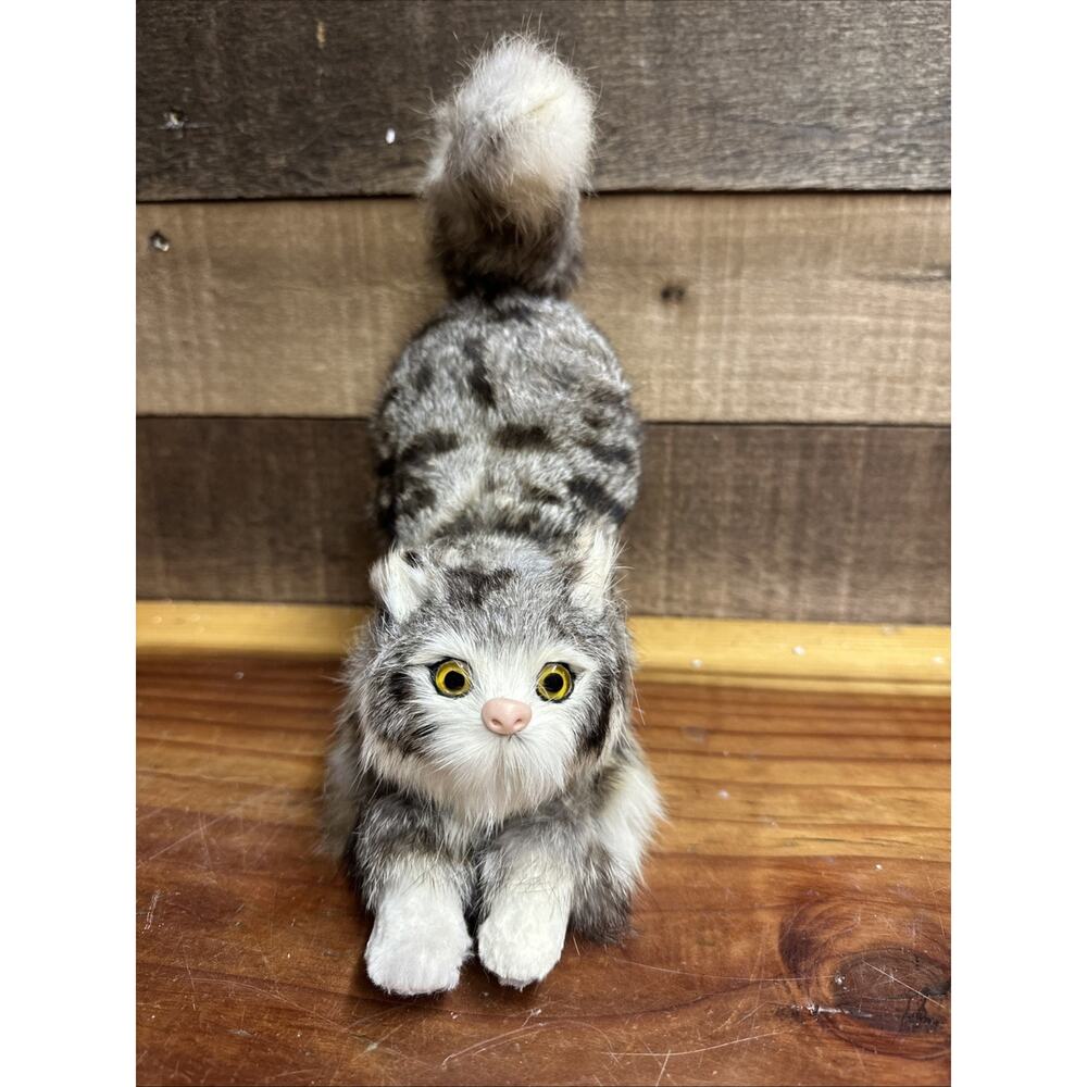 Vintage Real Fur Tabby Cat Kitten Stretching 8” Tall
